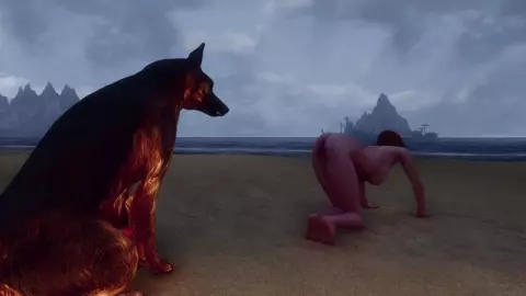 A Naughty Elf and doggo having fun in the beach - Skyrim