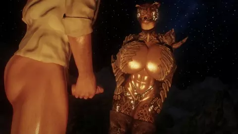 Hot argonian chick seduces a guy with her huge tits [Kar_Tavi]