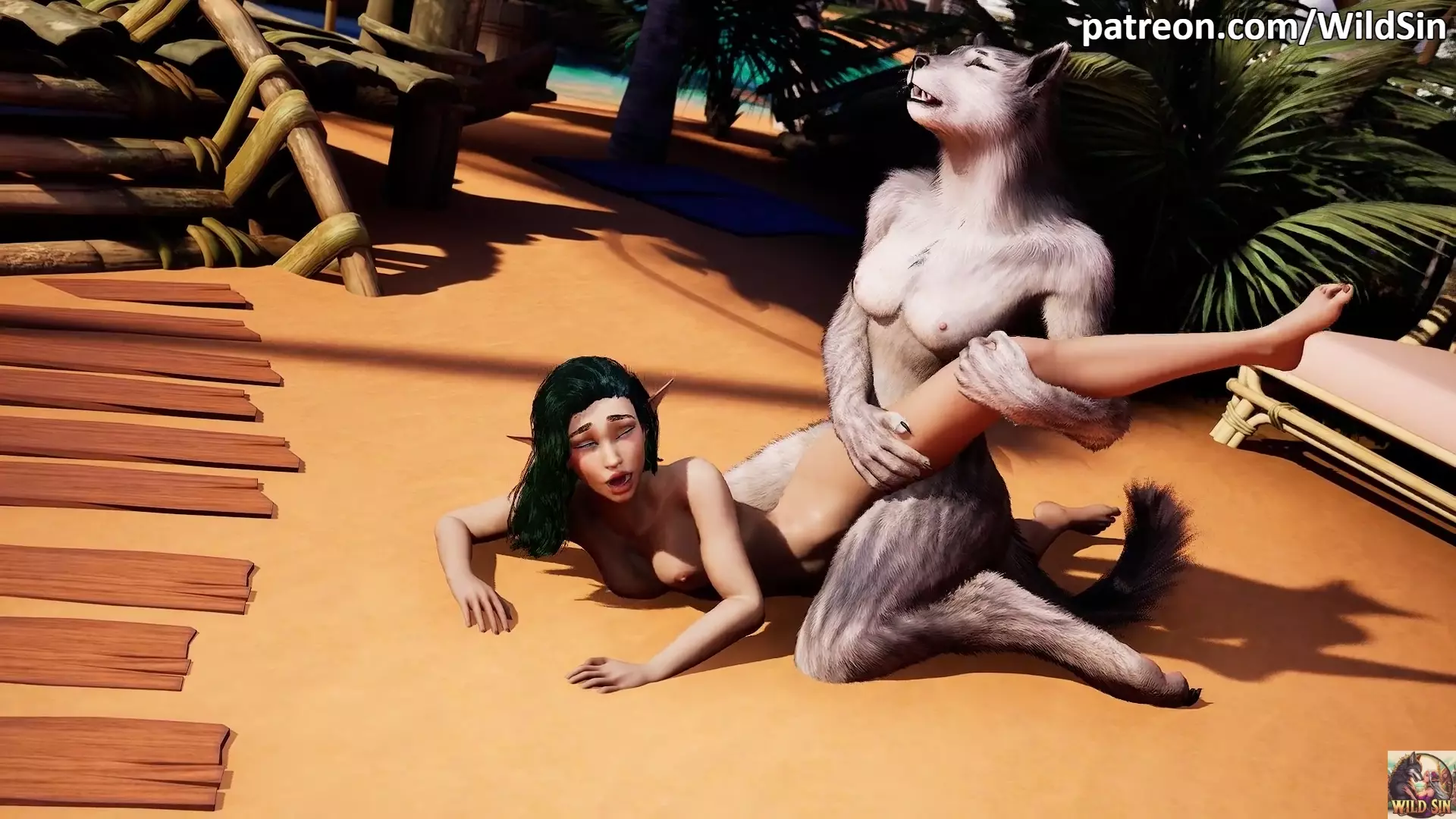 A lesbian Werewolf and an Elf kiss, caress, and cuddle.