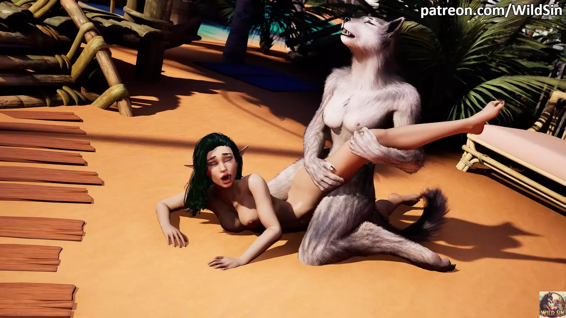 A lesbian Werewolf and an Elf kiss, caress, and cuddle.
