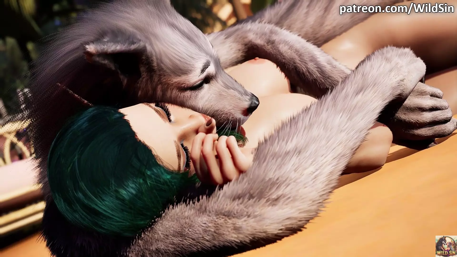 A lesbian Werewolf and an Elf kiss, caress, and cuddle.